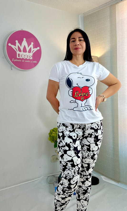 Pijama Snoopy Mujer Blanco y Negro – Conjunto de Camiseta y pantalon en brush Suave